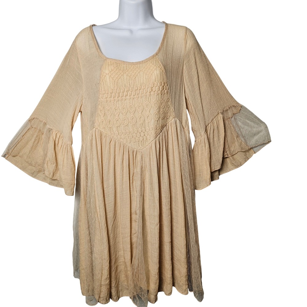 J Glee NWT Crochet Lace Bell Sleeve Dress M Tan Fairycore Ethereal Forest Fairy